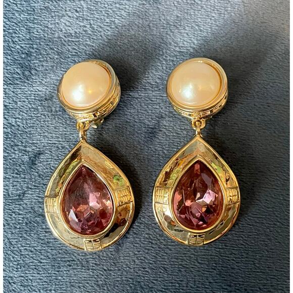 Givenchy Vintage Purple Stone and Pearl Teardrop Earrings Clip On 80s 90s Style - Picture 2 of 6